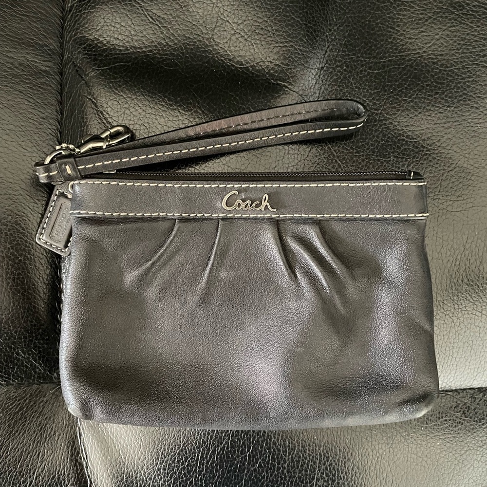 Coach Black Leather Wristlet with Silver Accents
